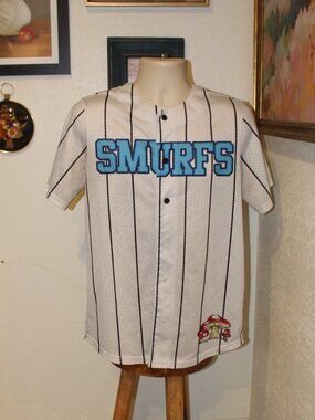 The Smurfs Mushroom Throwin’ Baseball Jersey White Blue Size M
